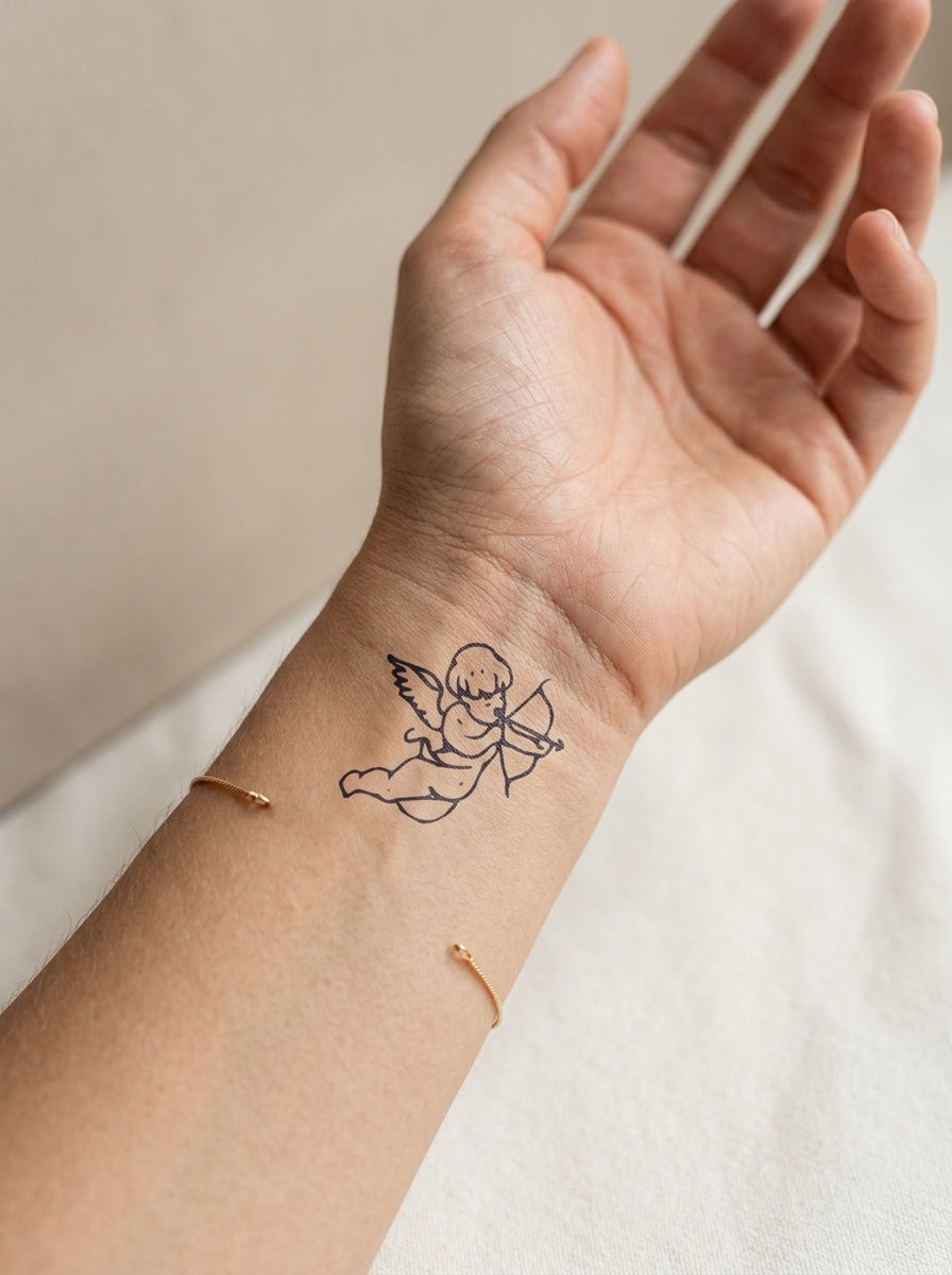 Tatouage Cupidon appliqué sur poignet