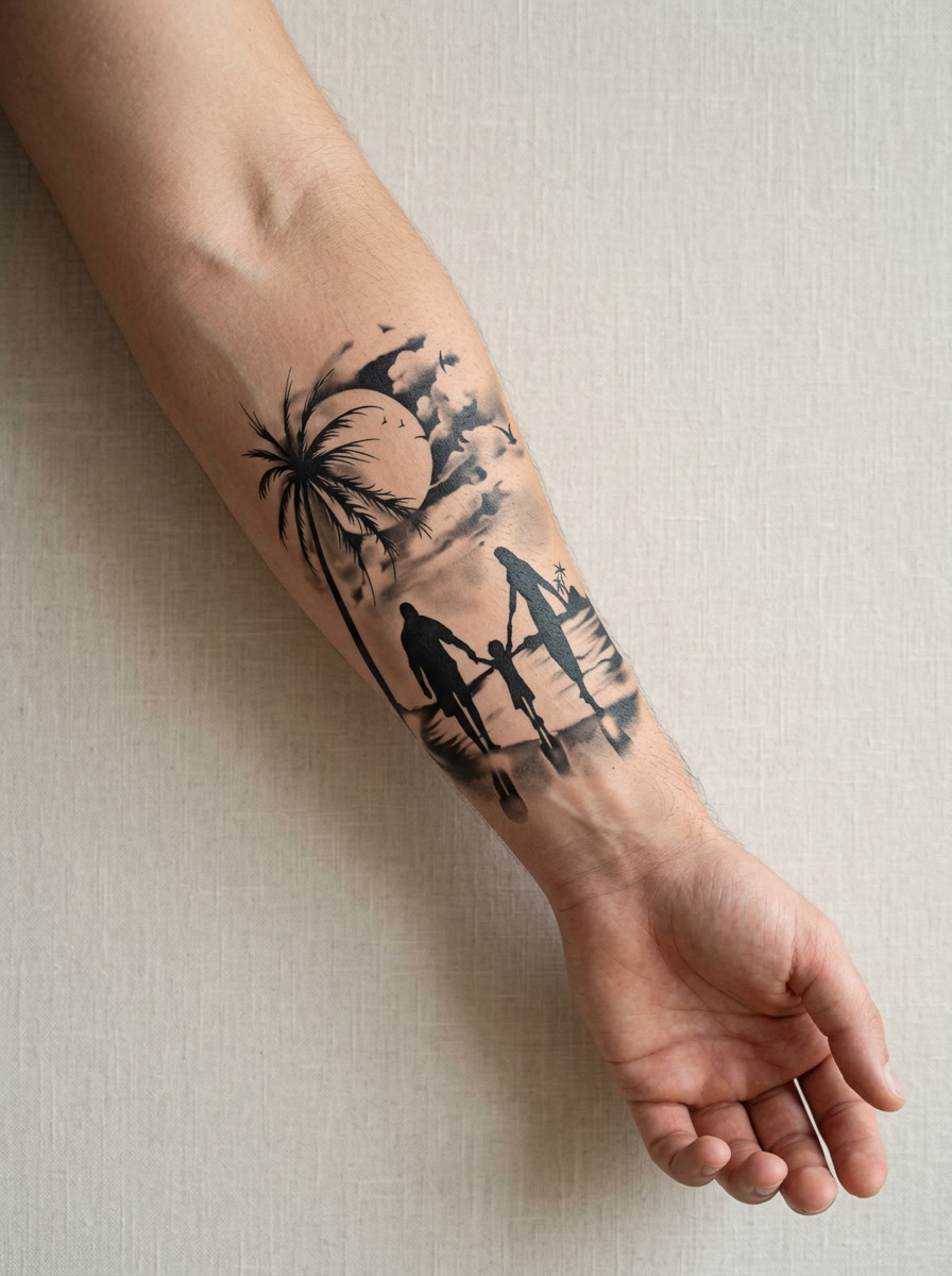 Tatouage Famille au Crépuscule appliqué sur avant-bras