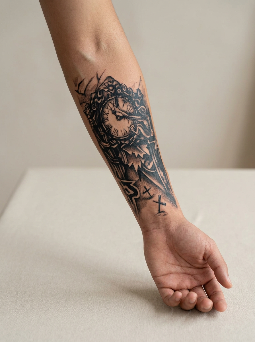 Tatouage Horloge Maudite appliqué sur avant-bras