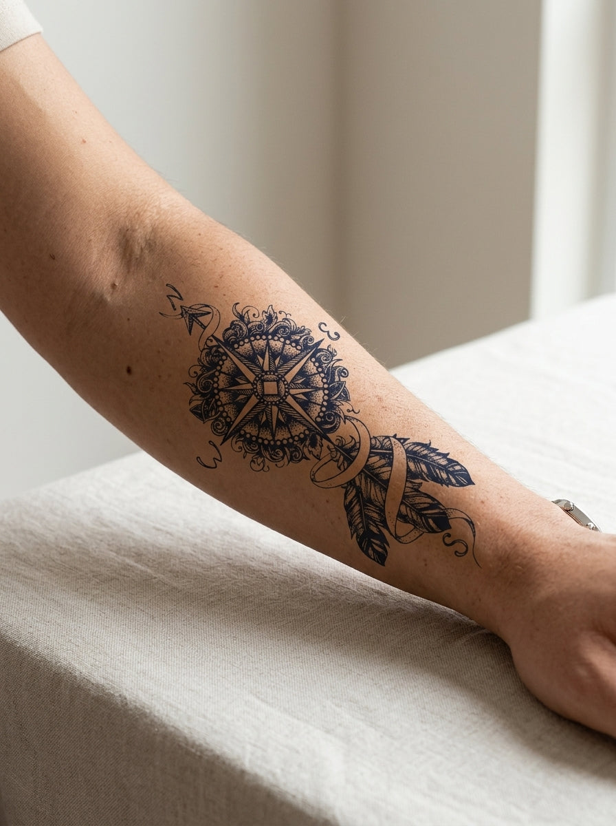 Tatouage Rose des Vents Royale appliqué sur avant-bras