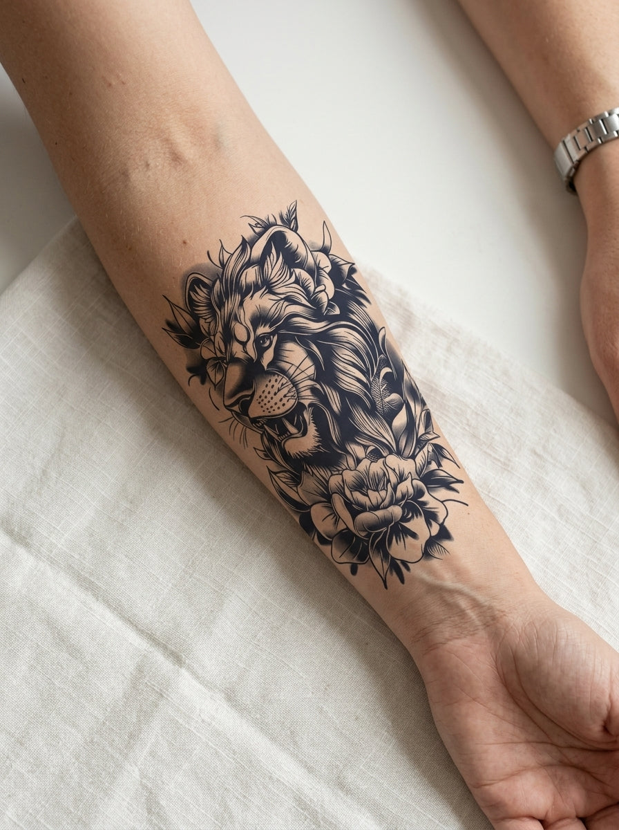 Tatouage Lion Éclatant appliqué sur avant-bras