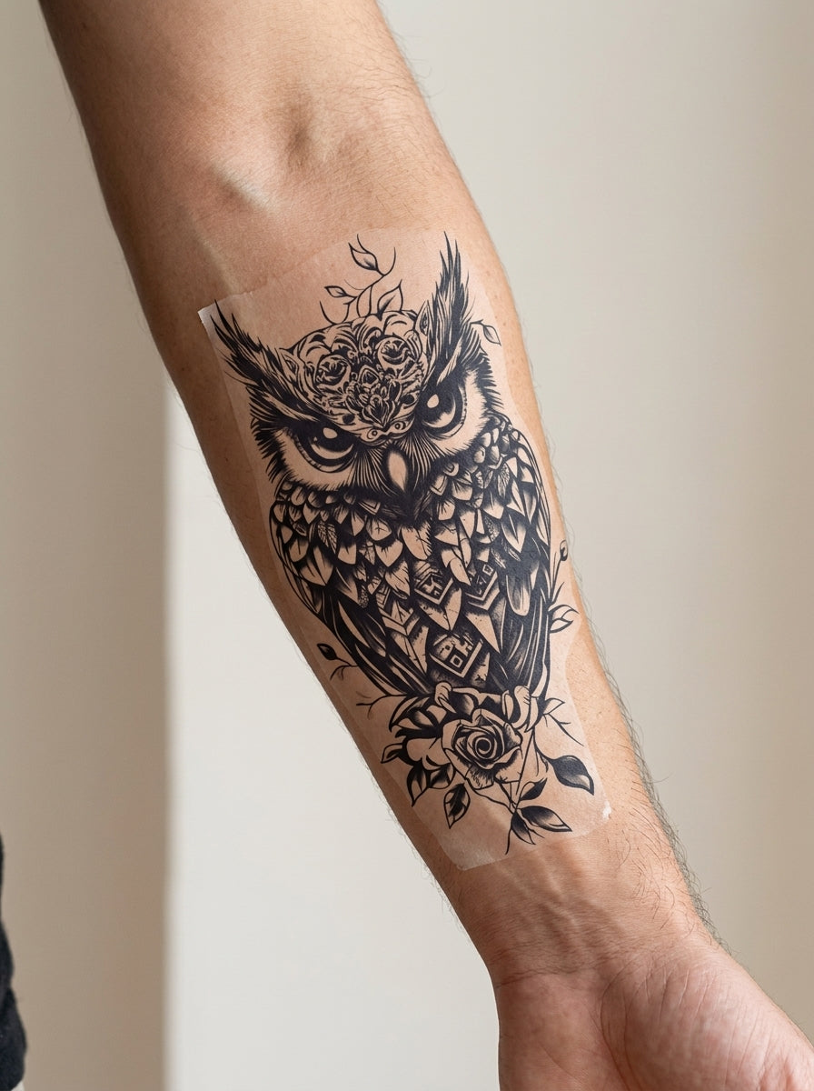 Tatouage Hibou Enchanté appliqué sur avant-bras