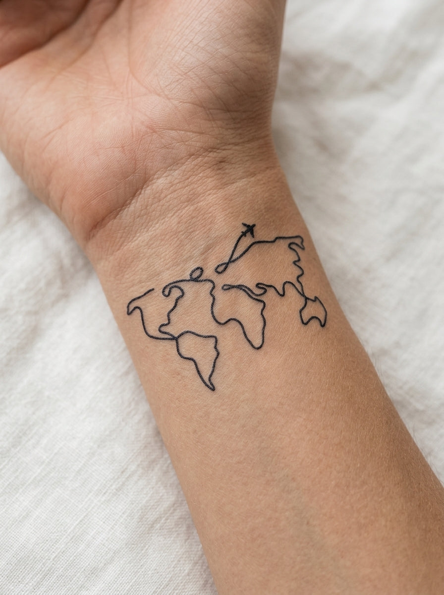 Tatouage Avion Carte du Monde appliqué sur poignet