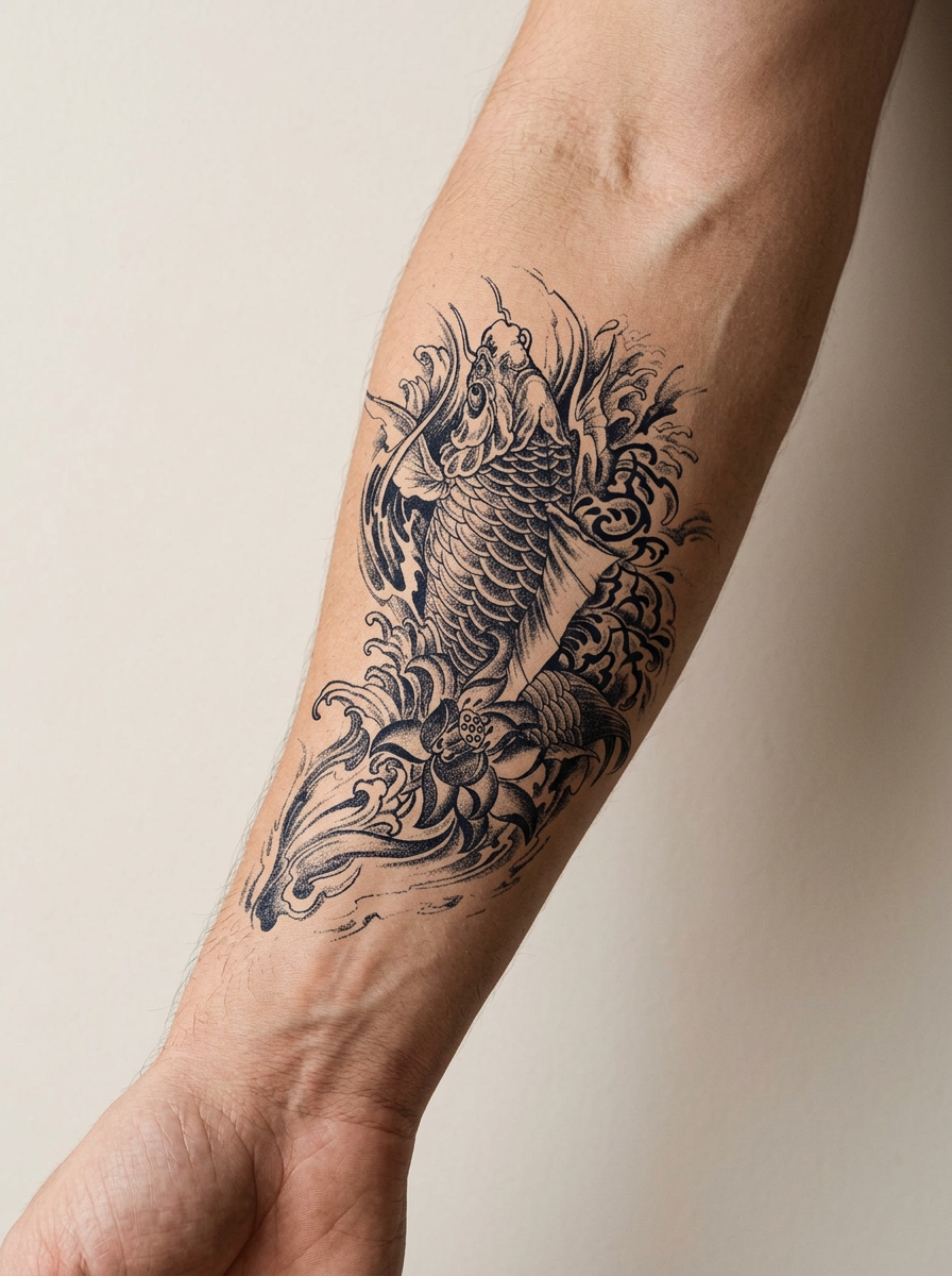 Tatouage Carpe Mystique appliqué sur avant-bras