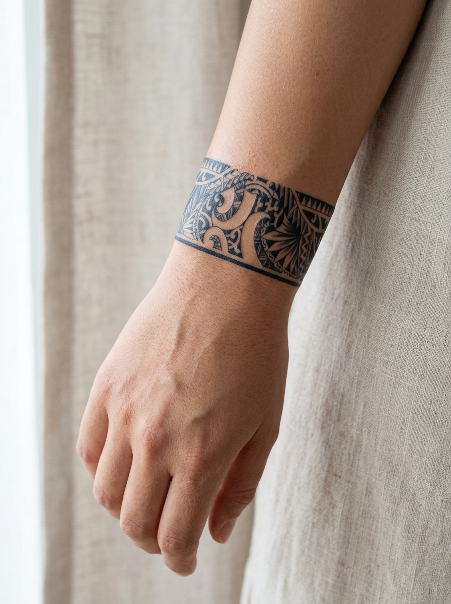 Tatouage Bracelet Polynésien Sacré appliqué sur poignet