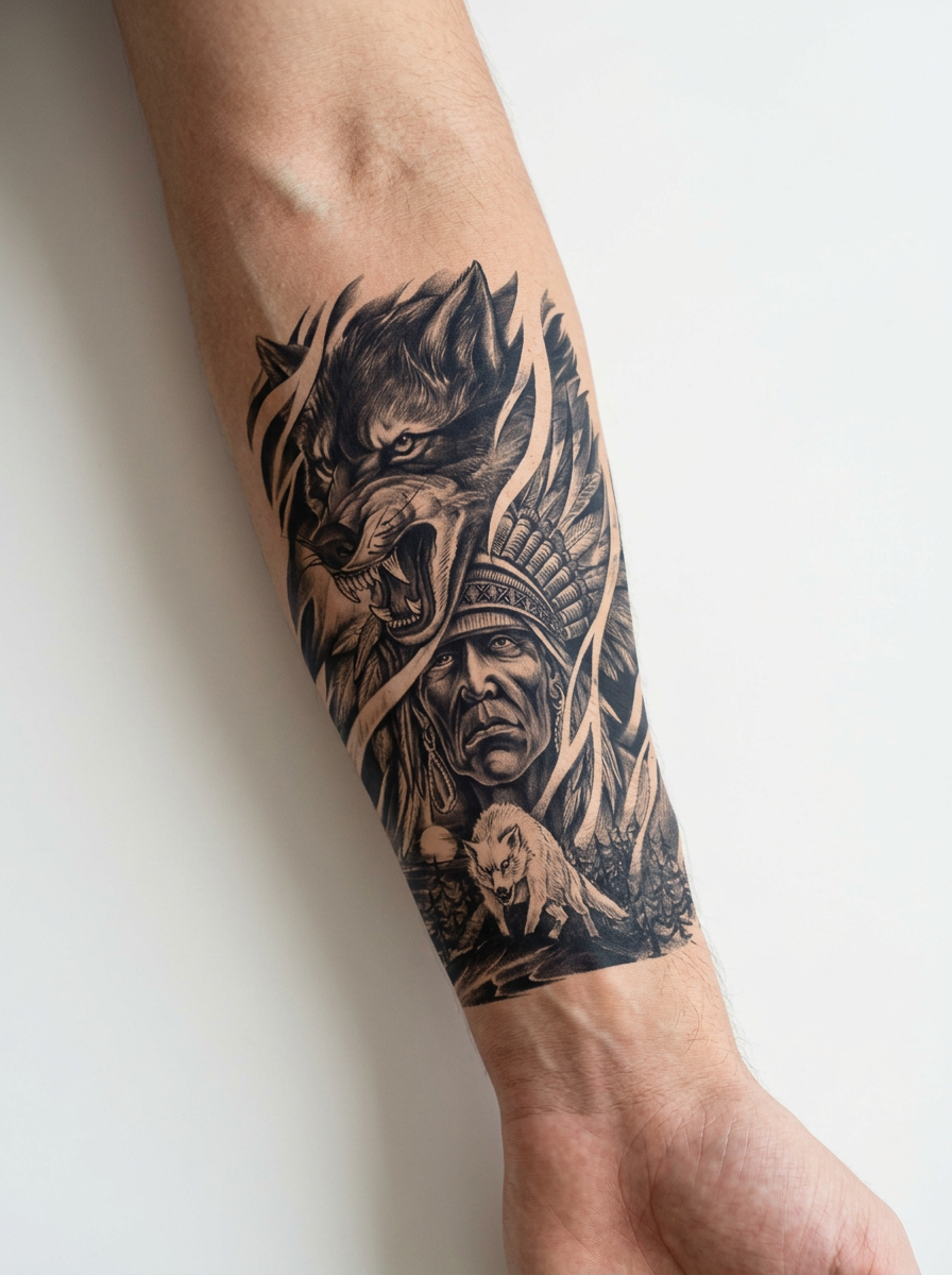 Tatouage Loup Ancestral appliqué sur avant-bras