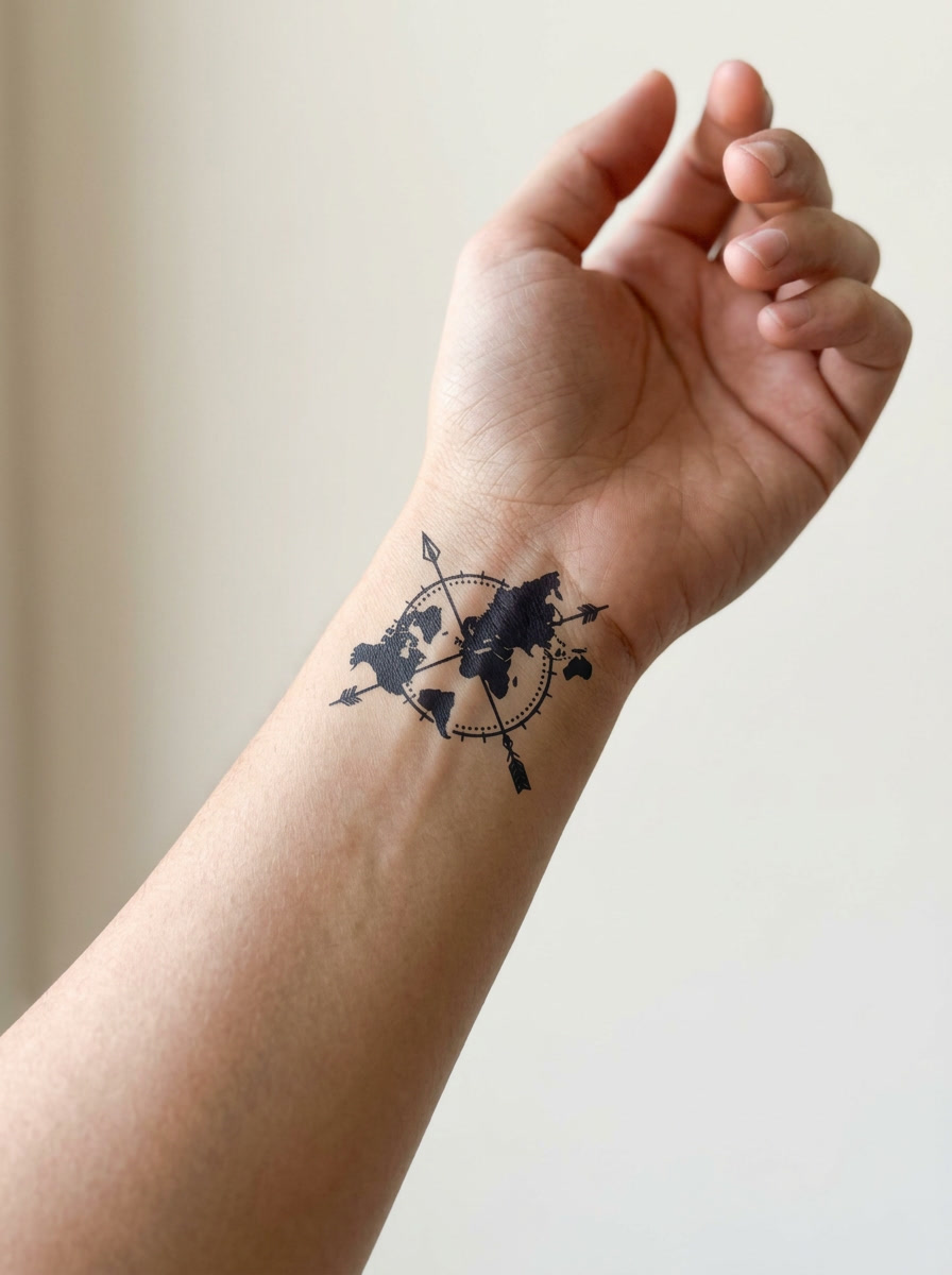 Tatouage Carte du Monde Fléchée appliqué sur poignet