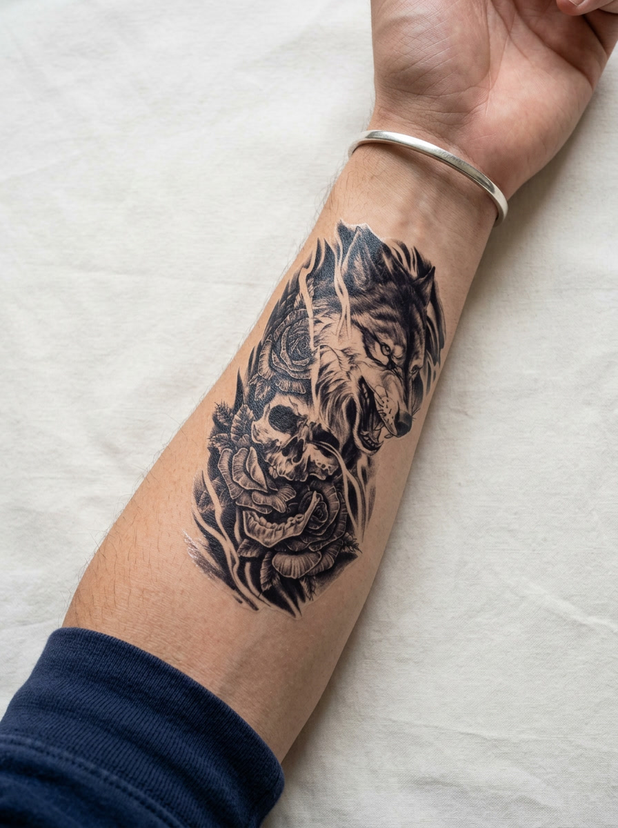 Tatouage Loup Squelette appliqué sur avant-bras