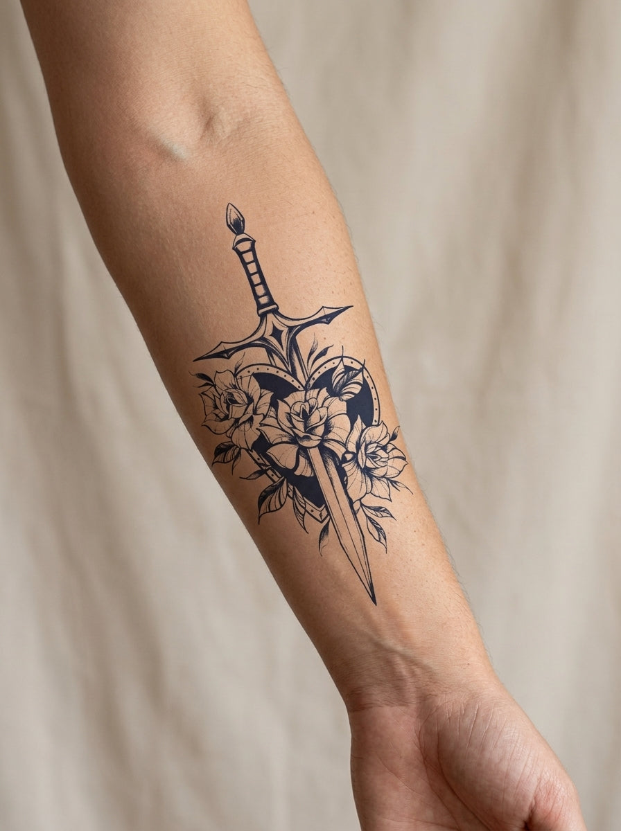 Tatouage Épée Florale appliqué sur avant-bras
