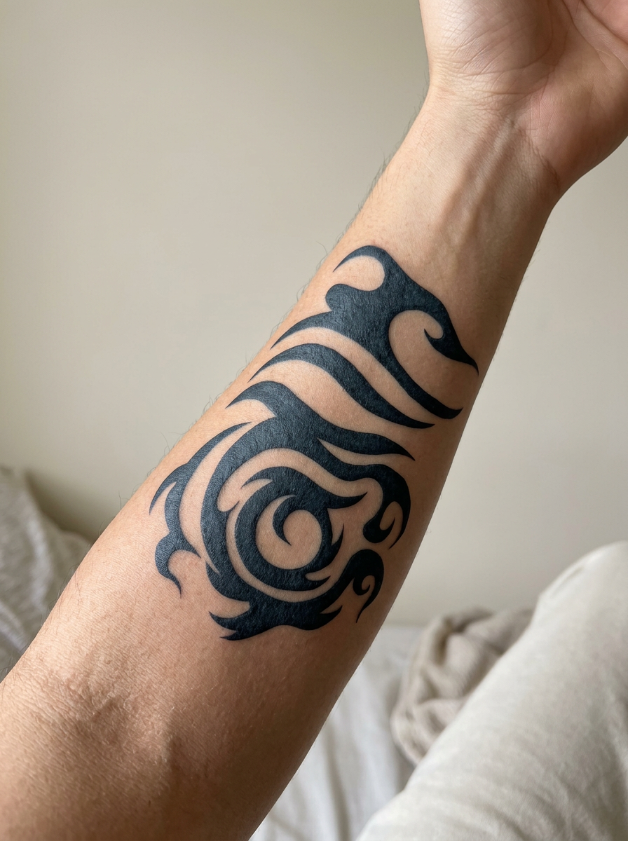 Tatouage Marée Tribale appliqué sur avant-bras