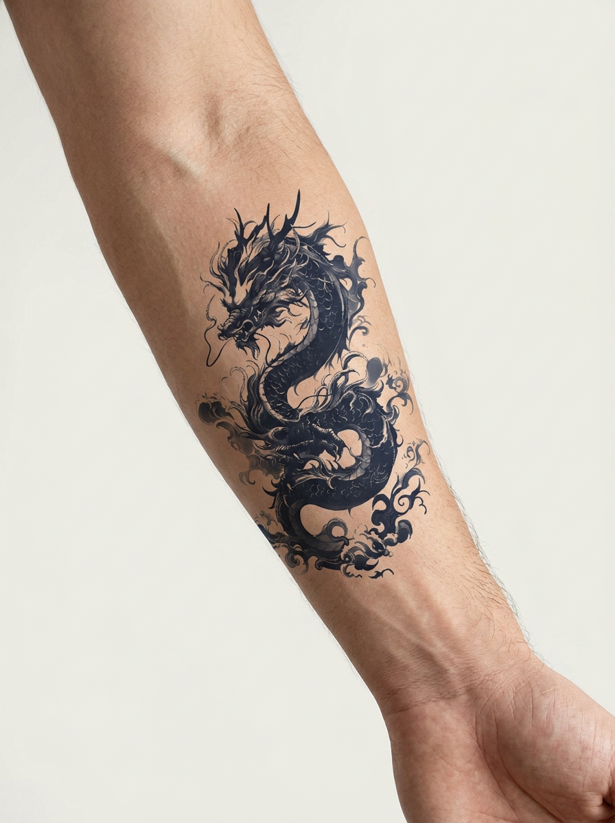 Tatouage Dragon des Abysses appliqué sur avant-bras