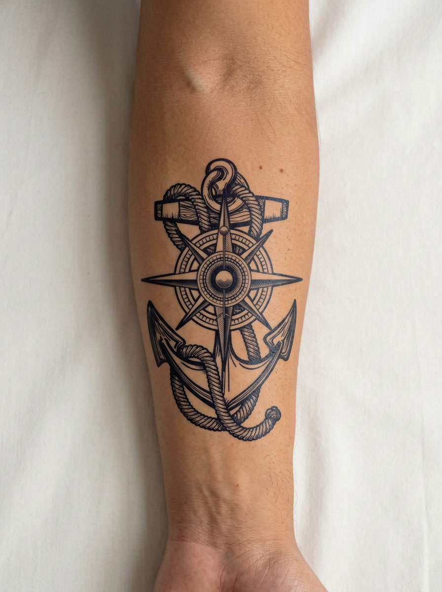 Tatouage Ancre & Boussole appliqué sur avant-bras