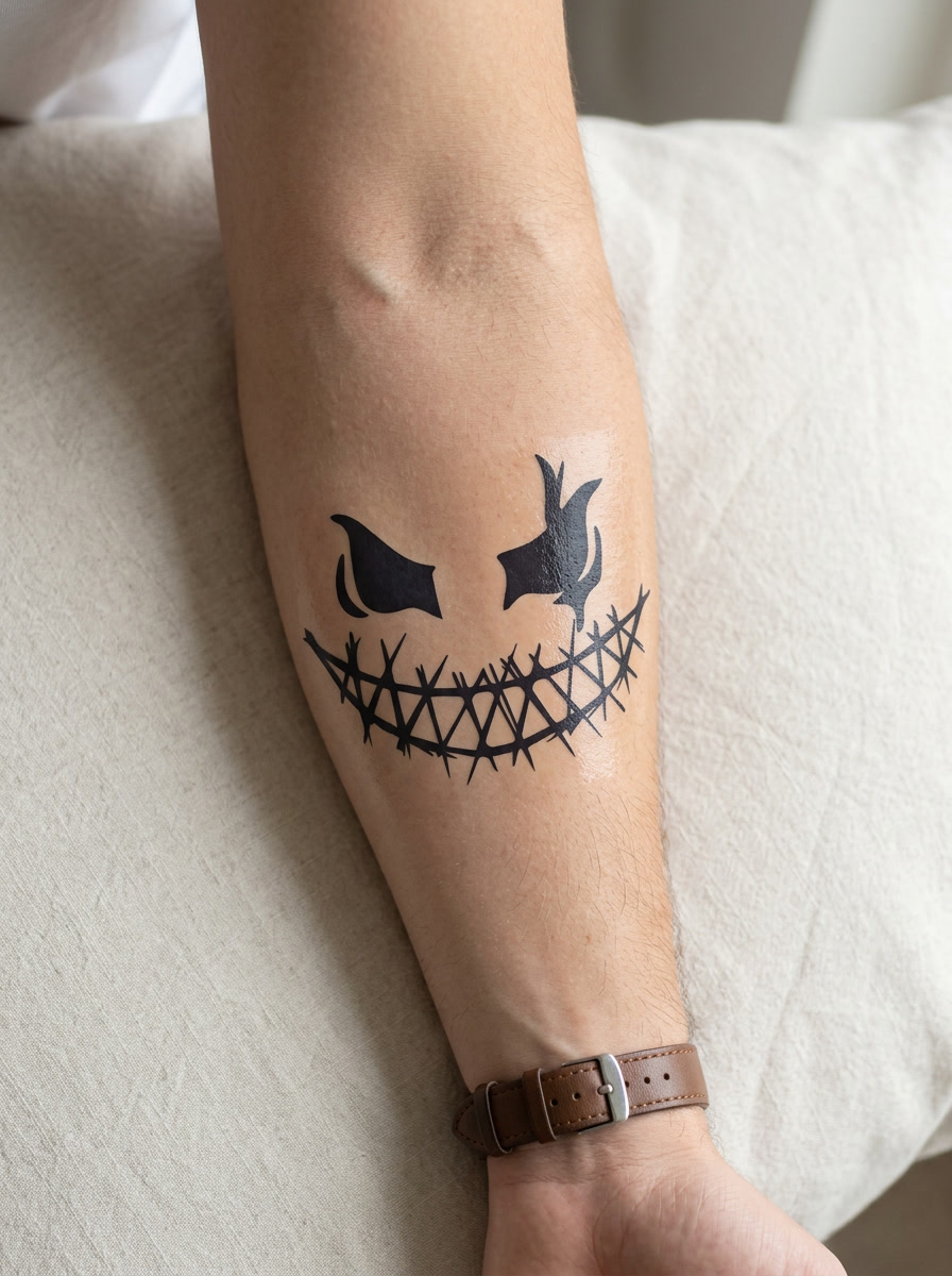 Tatouage Sourire du Chaos appliqué sur avant-bras