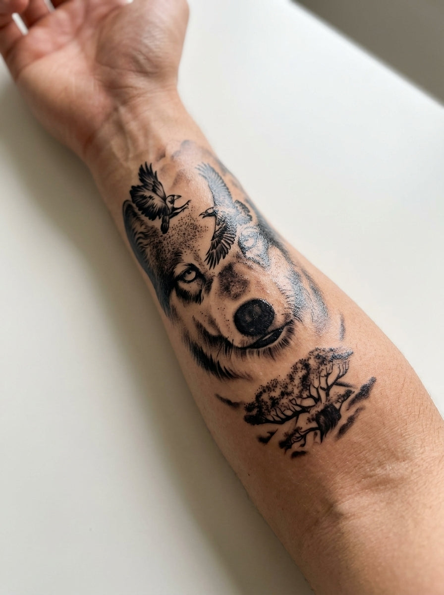 Tatouage Loup Visionnaire appliqué sur avant-bras