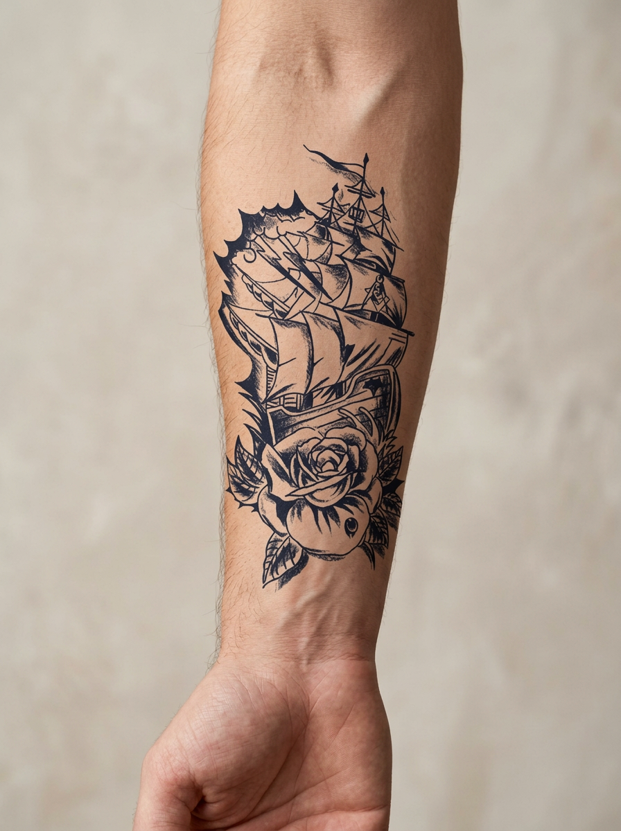 Tatouage Rose des Vagues appliqué sur avant-bras