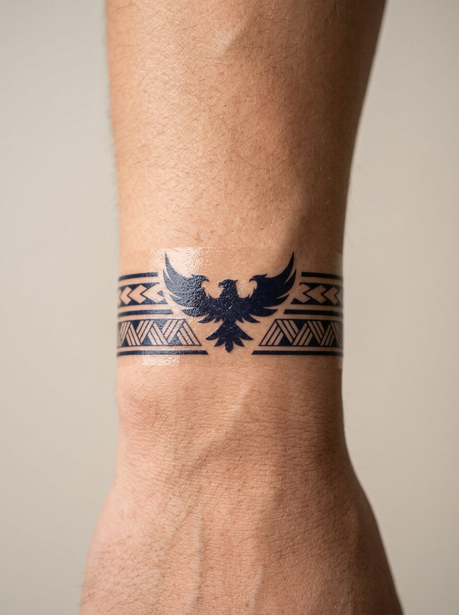 Tatouage Bracelet Phénix Tribal appliqué sur poignet