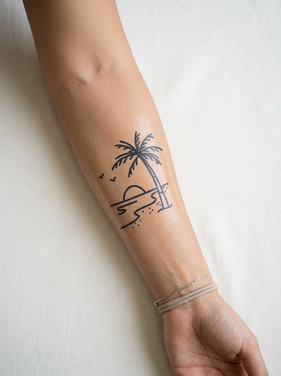 Tatouage Sunset Paradis appliqué sur avant-bras