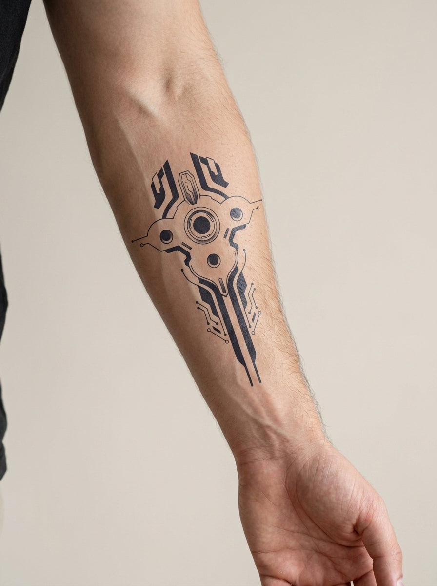 Tatouage Croix Technologique appliqué sur avant-bras