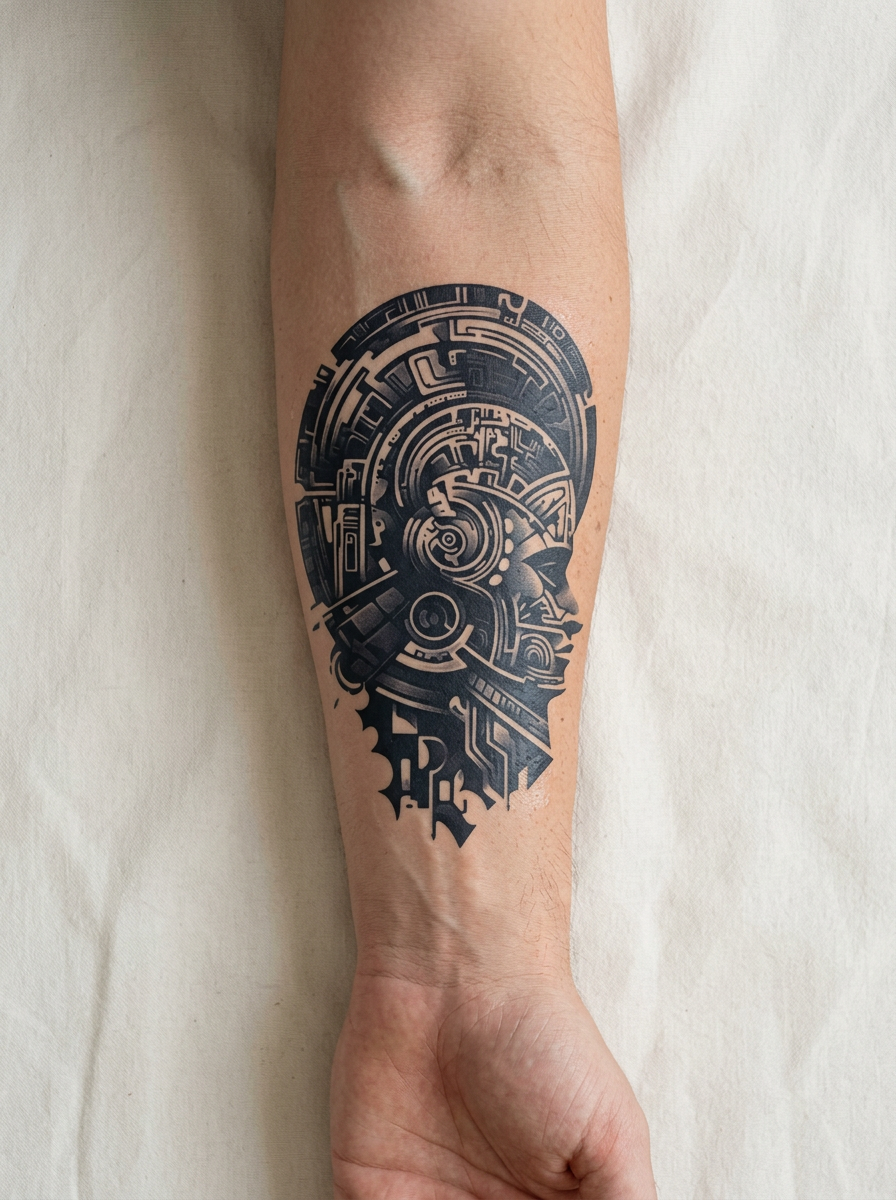 Tatouage Esprit Cybernétique appliqué sur avant-bras