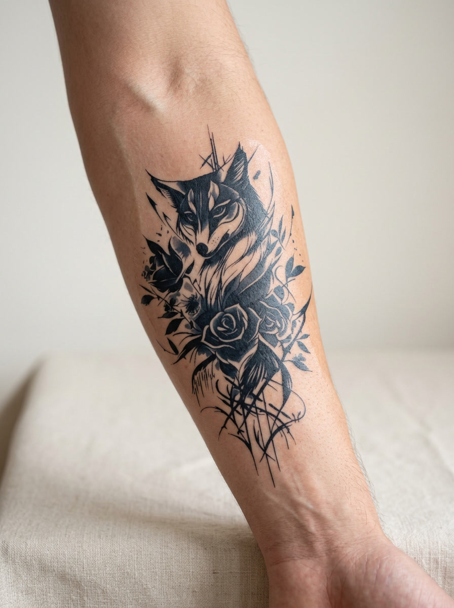 Tatouage Renard et Roses appliqué sur avant-bras