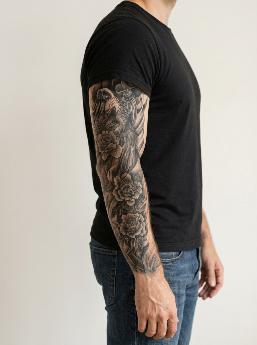 Tatouage Phénix en Fleurs appliqué sur bras