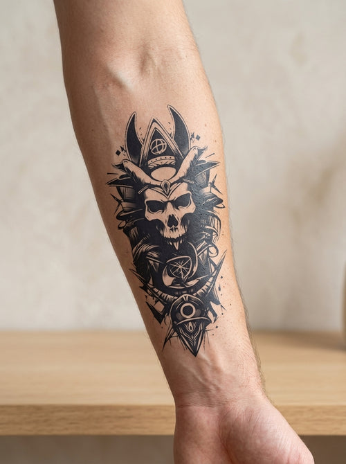 Tatouage Crâne Guerrier Déchu appliqué sur avant-bras