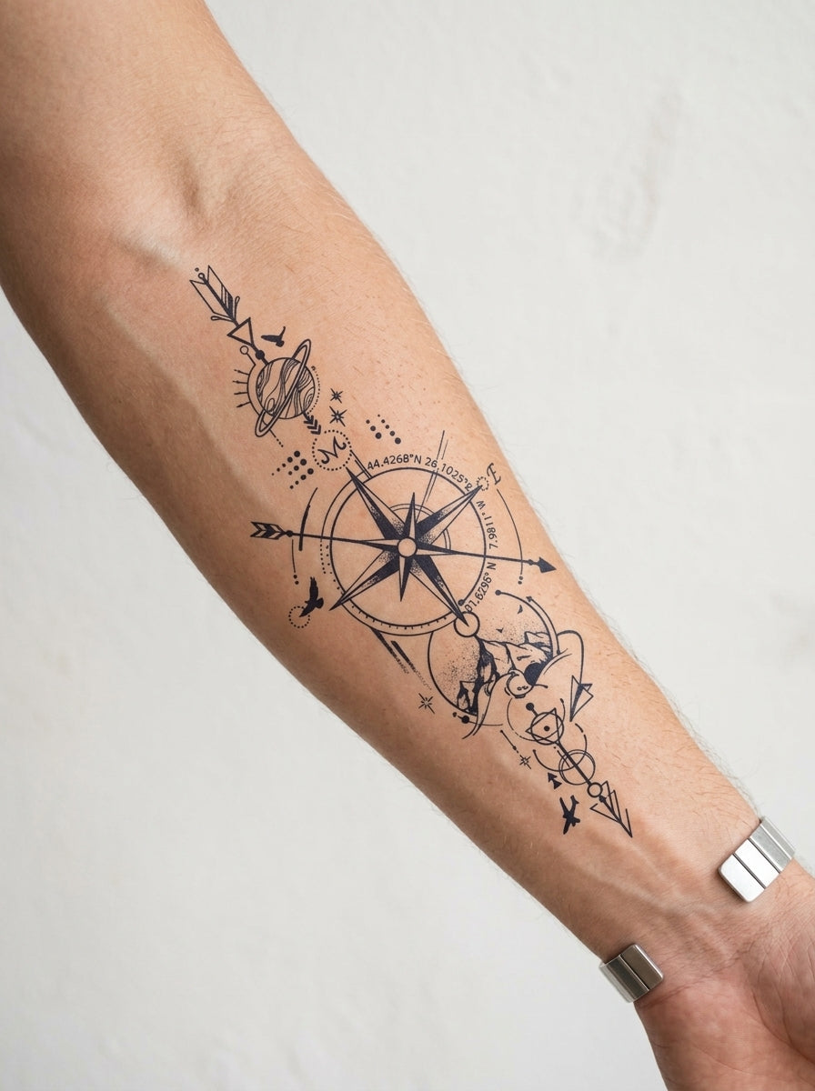 Tatouage Boussole Sacrée appliqué sur avant-bras