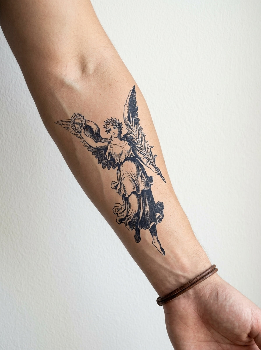 Tatouage Ange Victorieux appliqué sur avant-bras