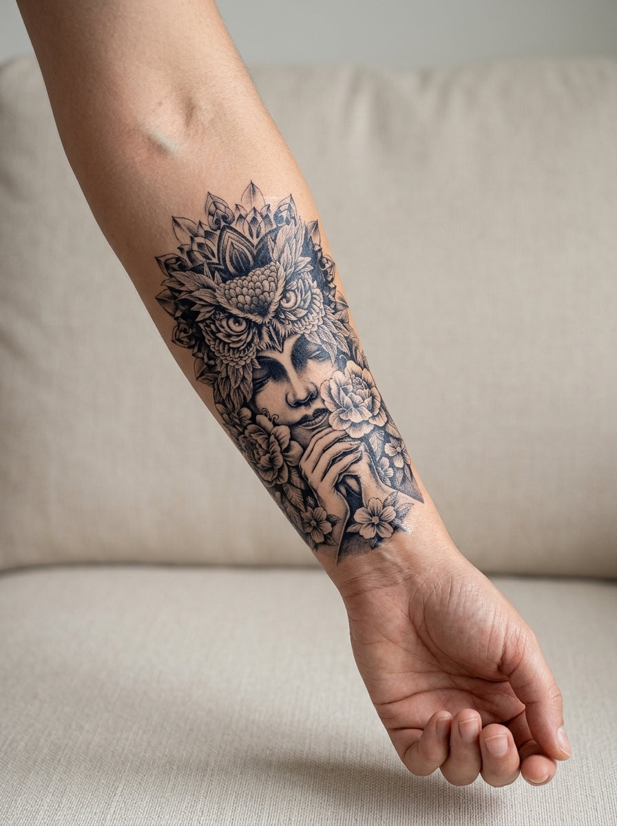 Tatouage Vision de l'Hibou appliqué sur avant-bras