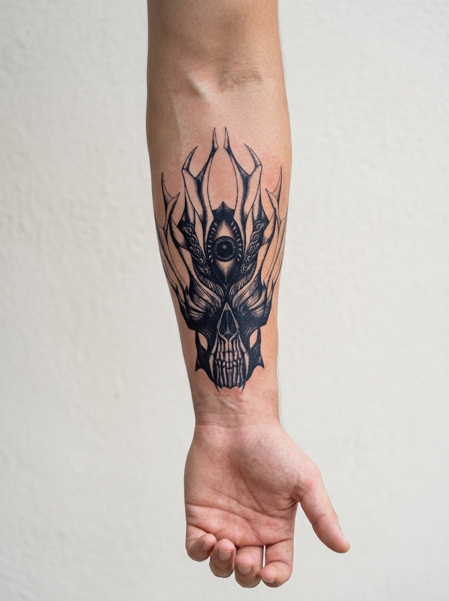 Tatouage Crâne Mystique appliqué sur avant-bras