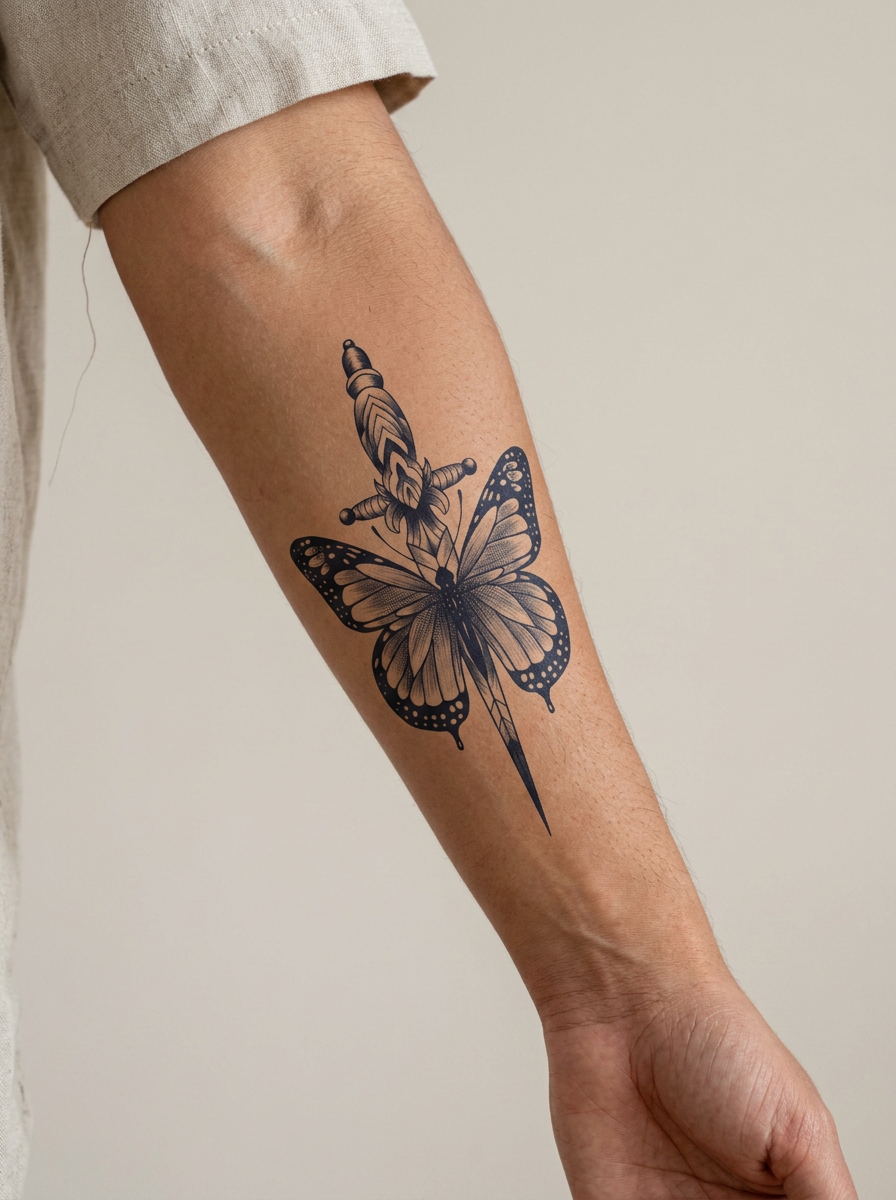 Tatouage Papillon Épée appliqué sur avant-bras