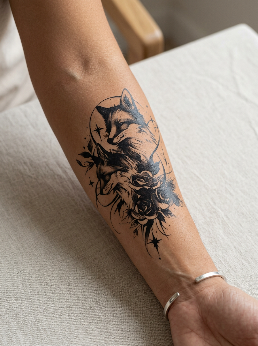 Tatouage Renards Jumelés appliqué sur avant-bras