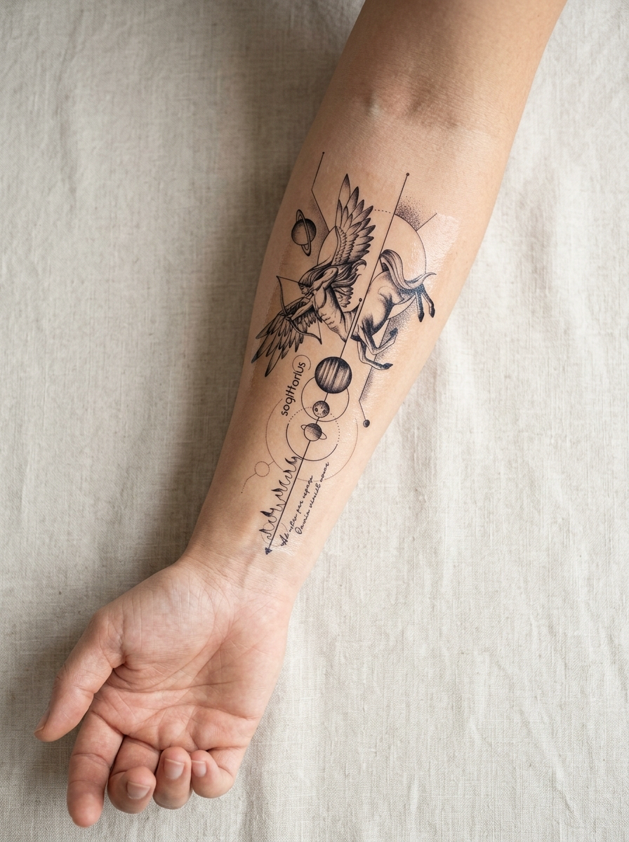 Tatouage Symphonie Céleste appliqué sur avant-bras