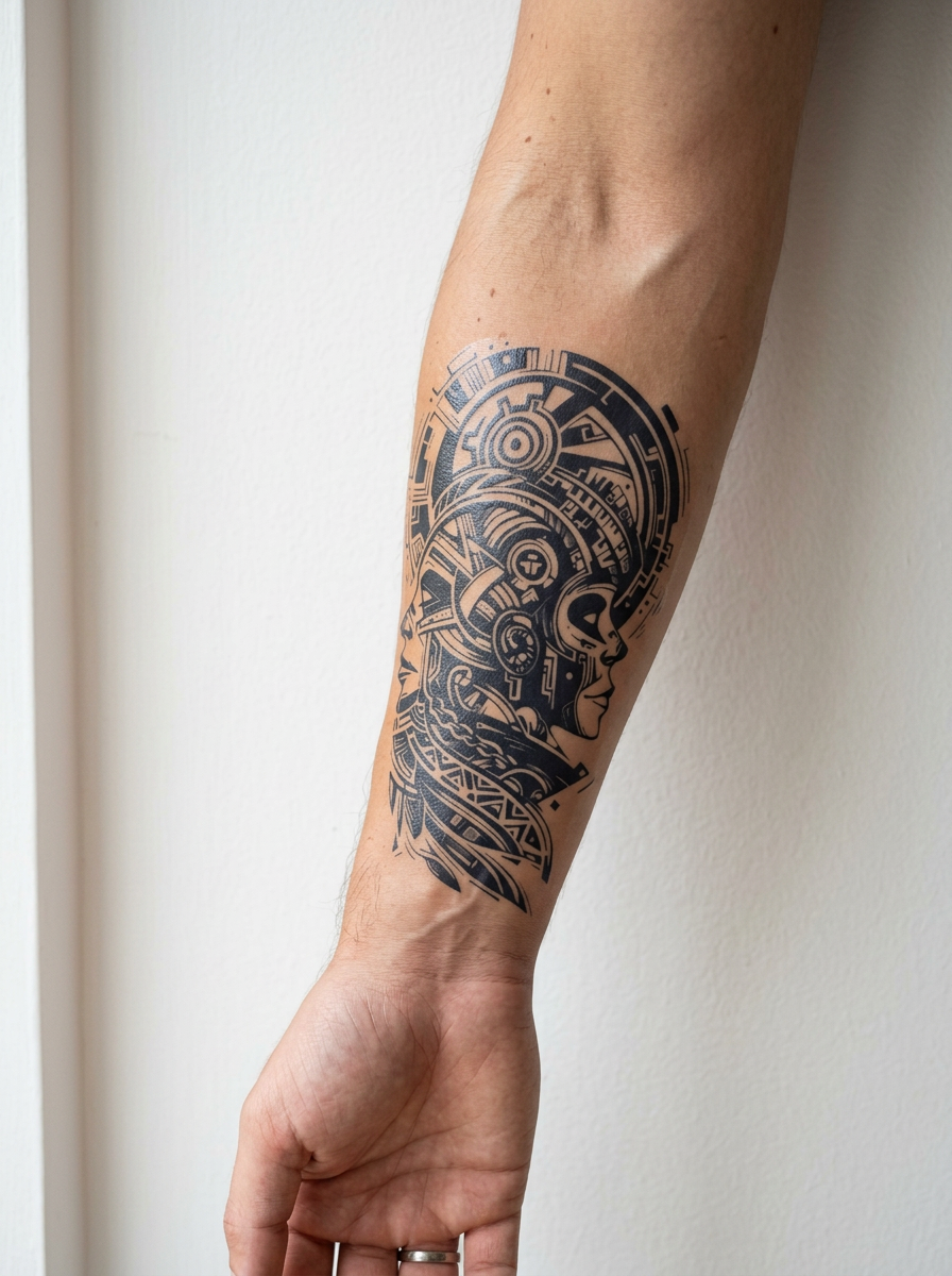 Tatouage Esprit Cyborg appliqué sur avant-bras