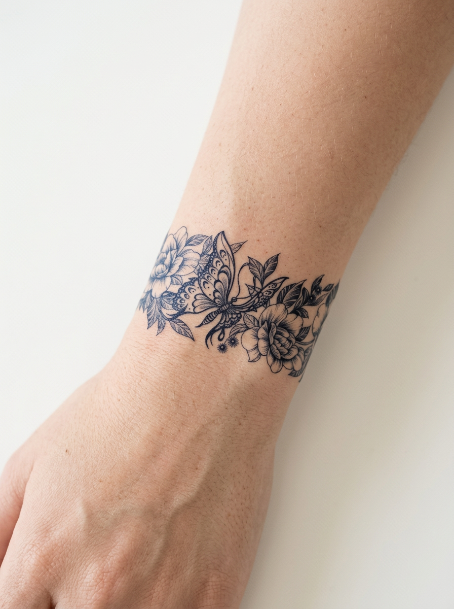 Tatouage Bracelet Papillon Bohème appliqué sur poignet