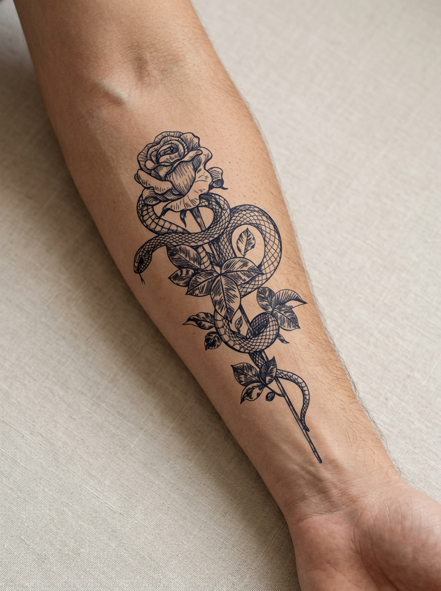 Tatouage Serpent et Rose appliqué sur avant-bras