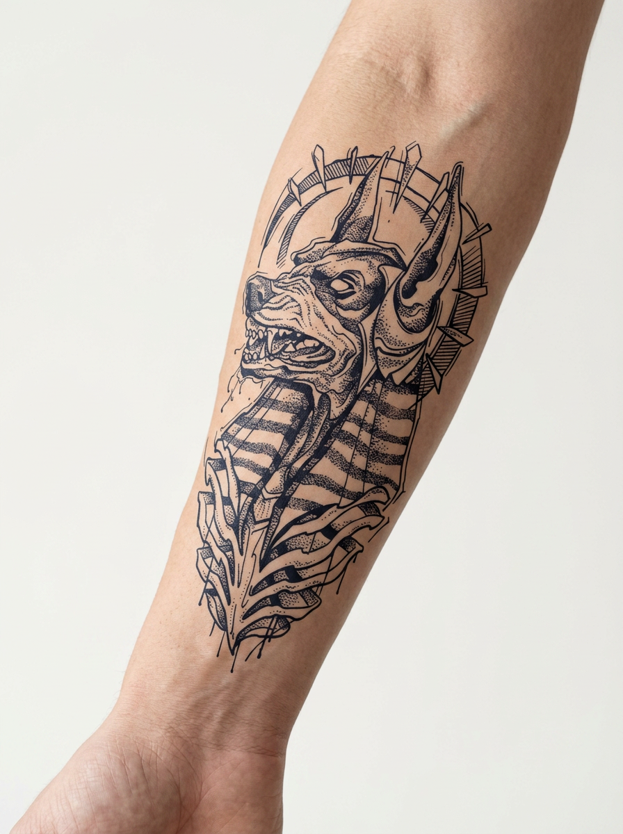 Tatouage Anubis Divin appliqué sur avant-bras