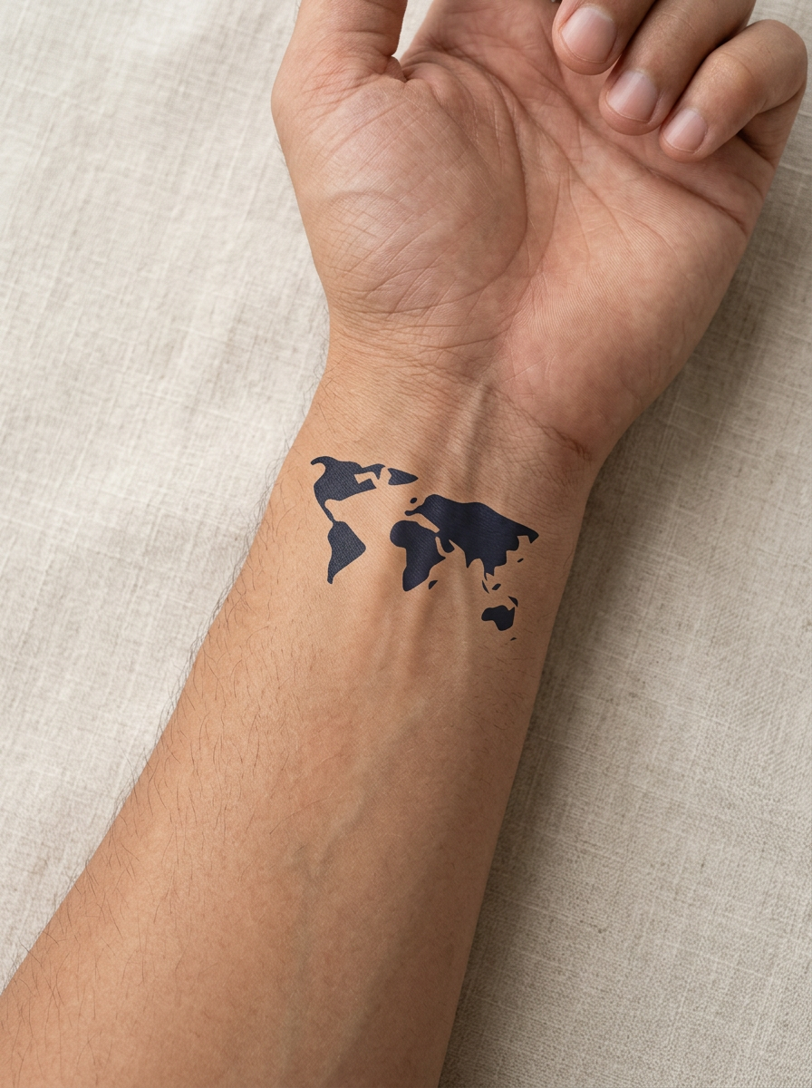 Tatouage Monde Épuré appliqué sur poignet