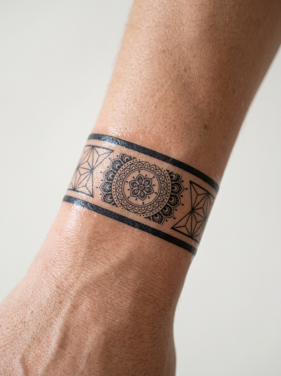 Tatouage Bracelet Mandala Géométrique appliqué sur poignet