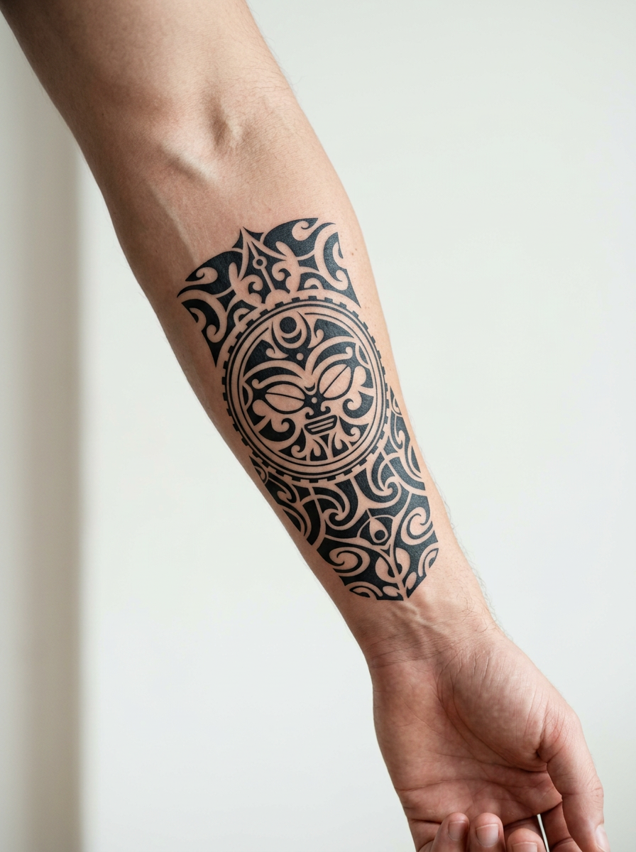 Tatouage Masque Tribal Rieur appliqué sur avant-bras
