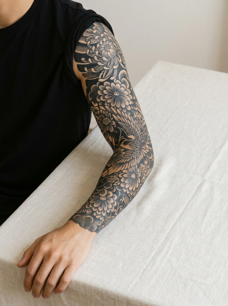 Tatouage Grue et Nuages appliqué sur bras