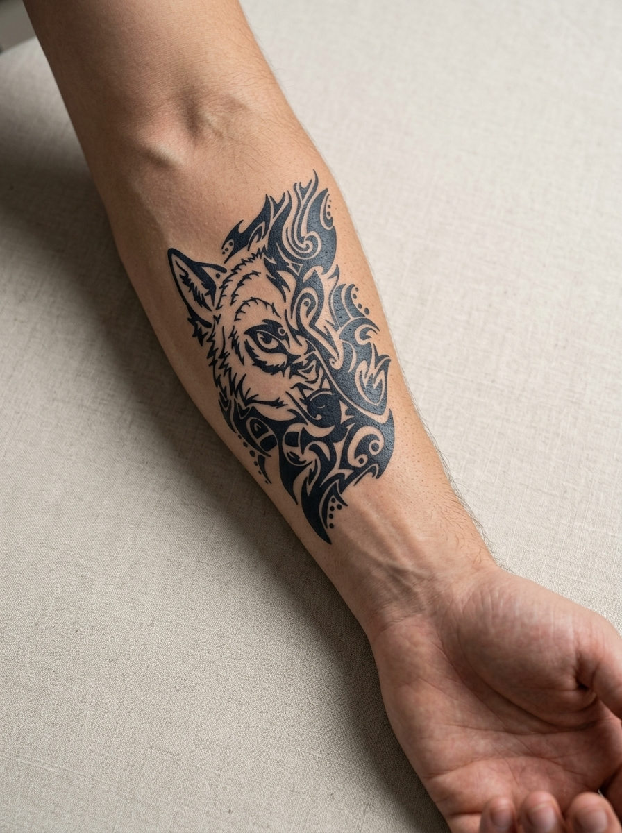 Tatouage Loup Tribal appliqué sur avant-bras