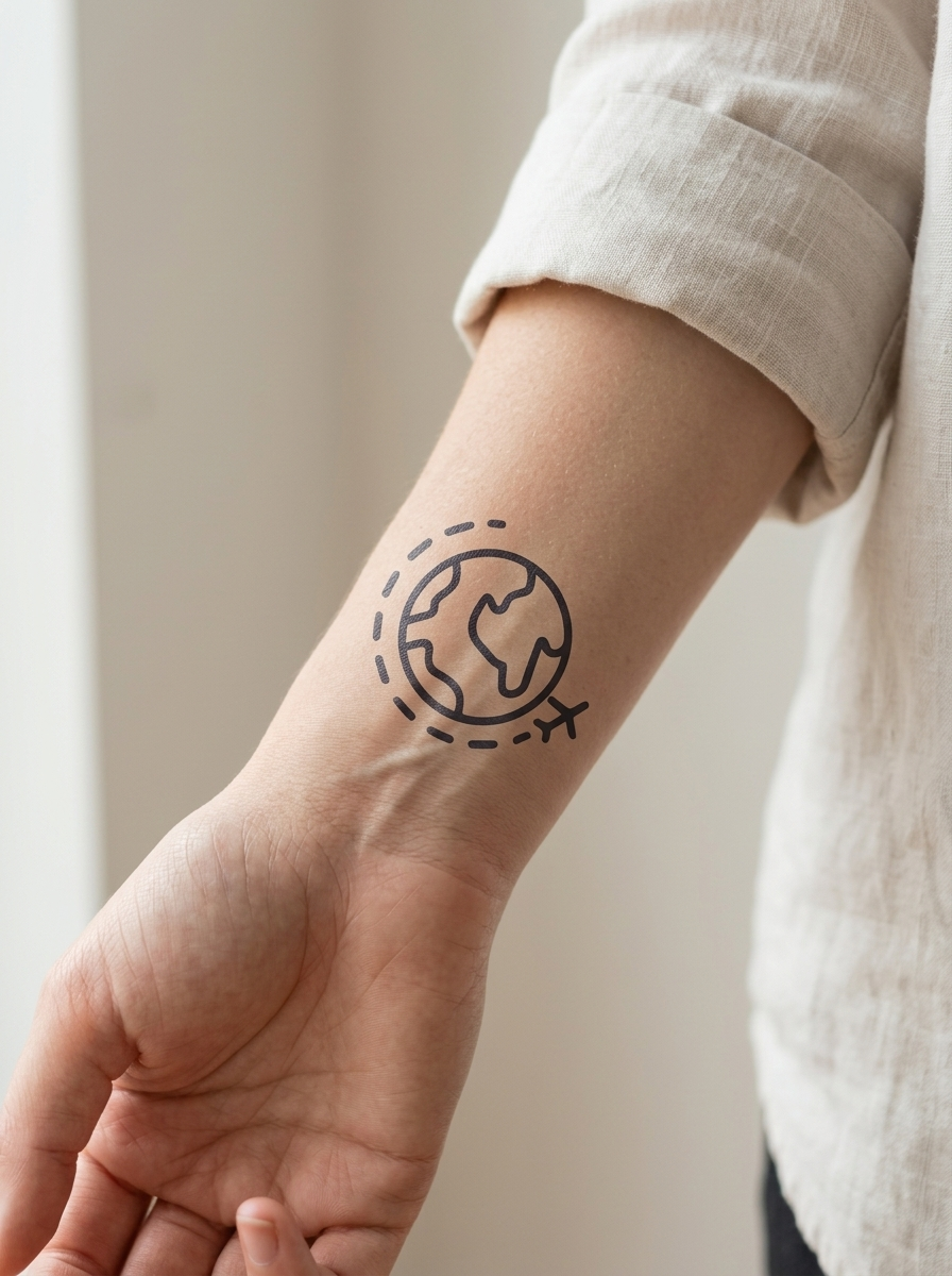 Tatouage Globe Voyageur appliqué sur poignet