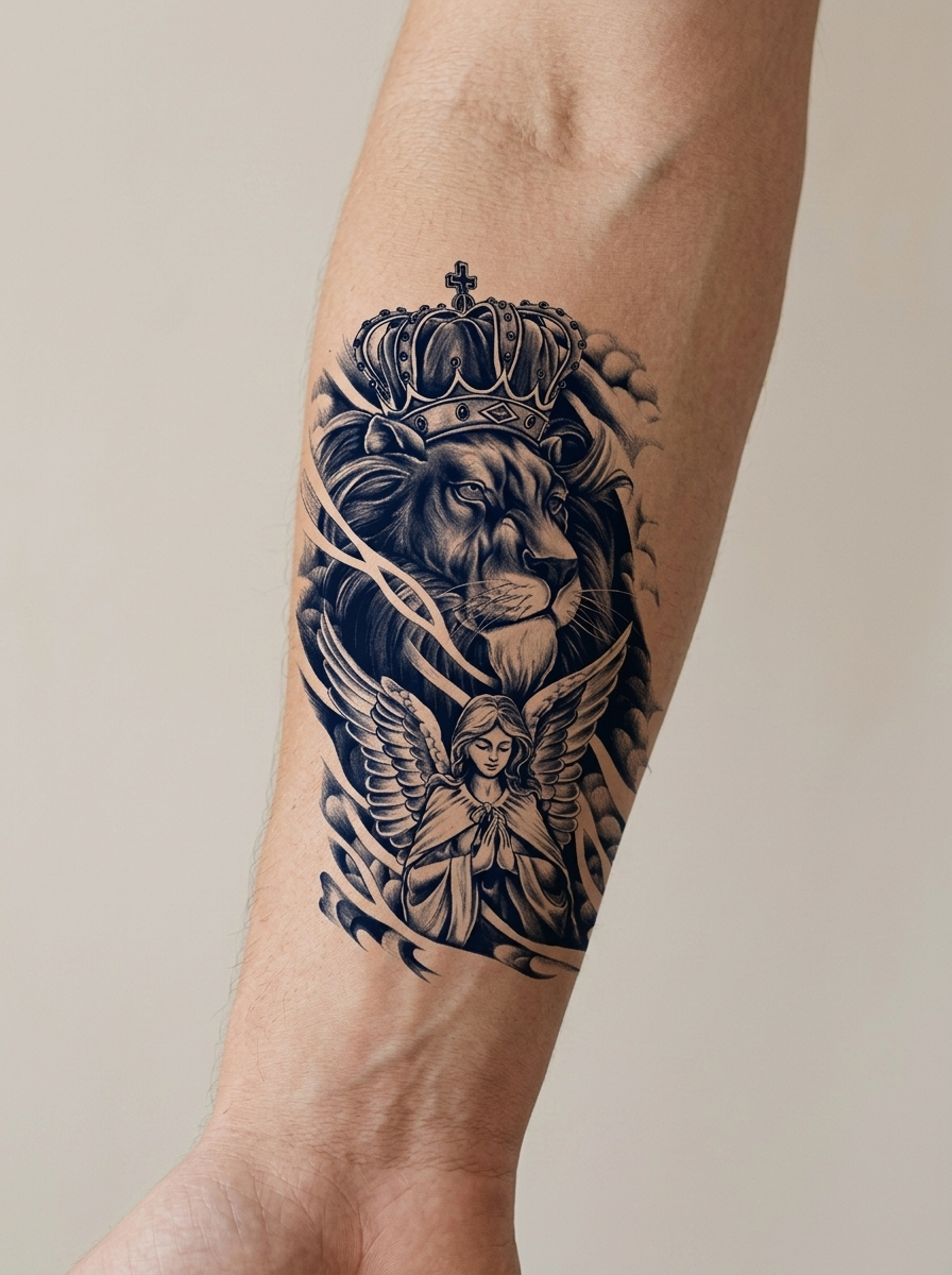 Tatouage Lion Couronné et Ange appliqué sur avant-bras
