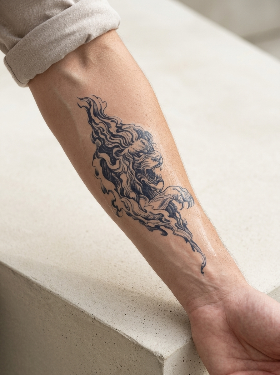 Tatouage Lion Rugissant appliqué sur avant-bras
