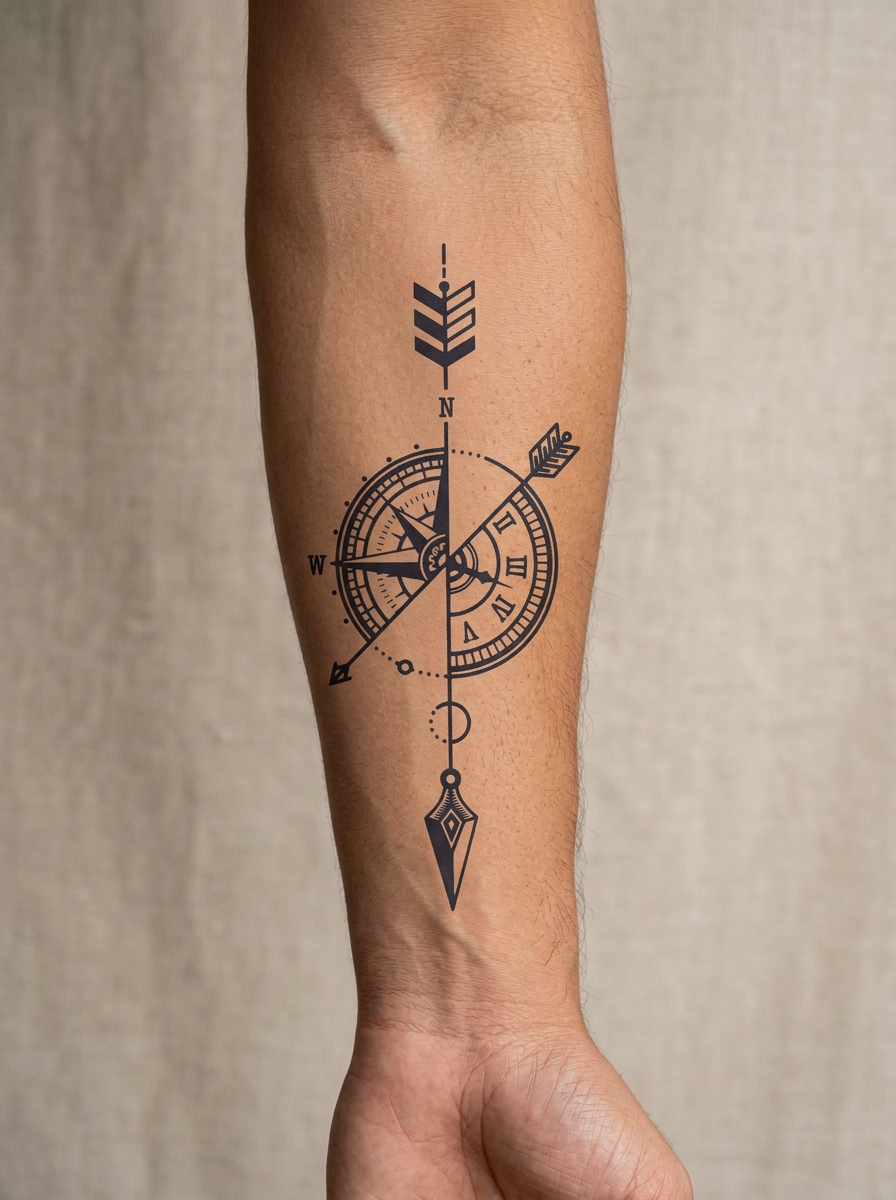 Tatouage Flèche de boussole appliqué sur avant-bras
