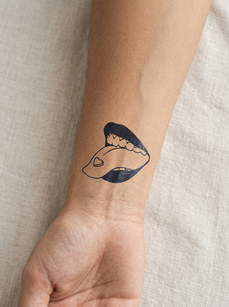 Tatouage Bouche Langue Cœur appliqué sur poignet