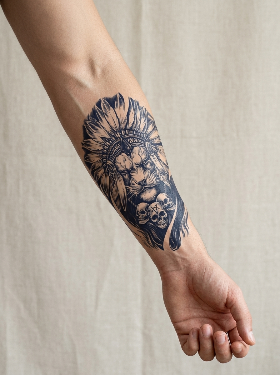 Tatouage Guerrier Totem appliqué sur avant-bras
