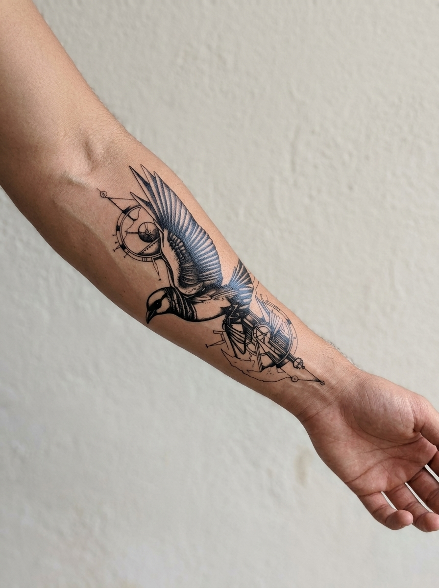 Tatouage Oiseau Astral appliqué sur avant-bras