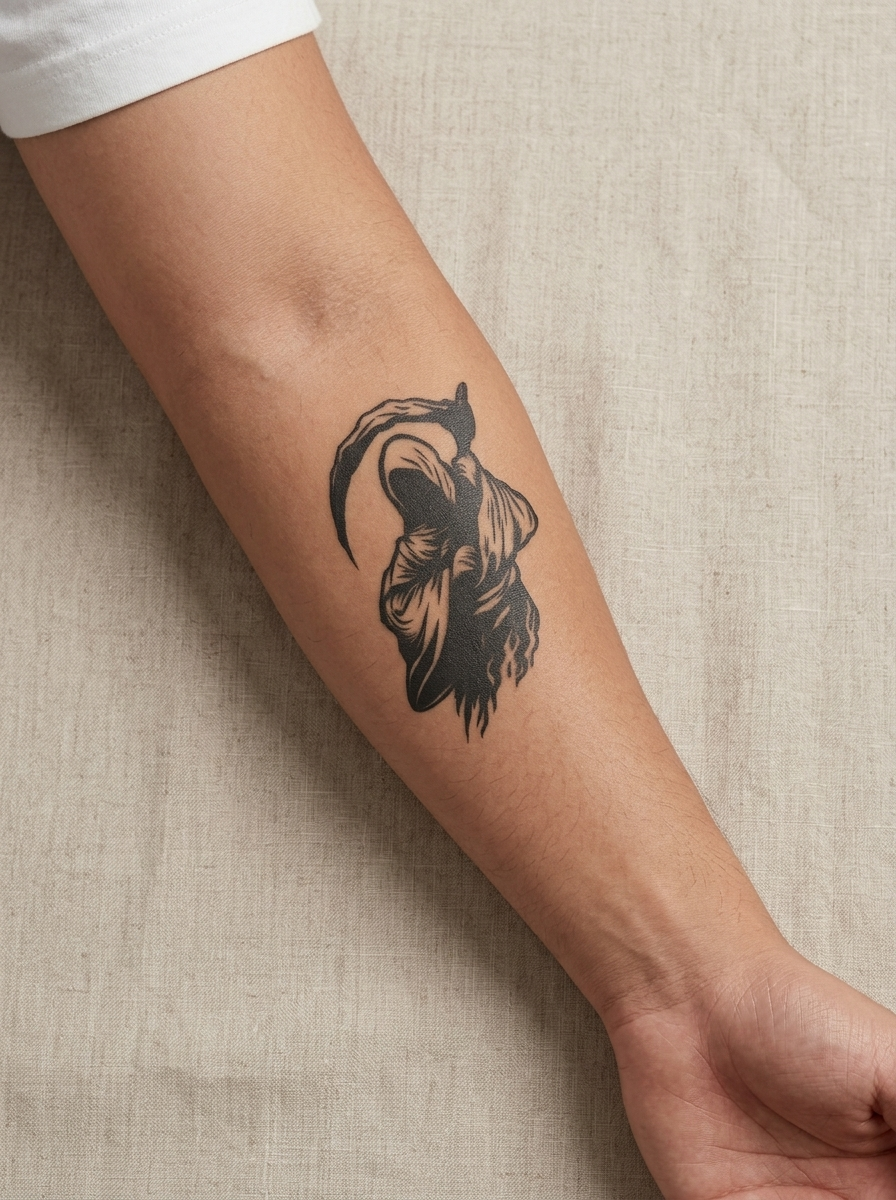 Tatouage Faucheuse Mystique appliqué sur avant-bras